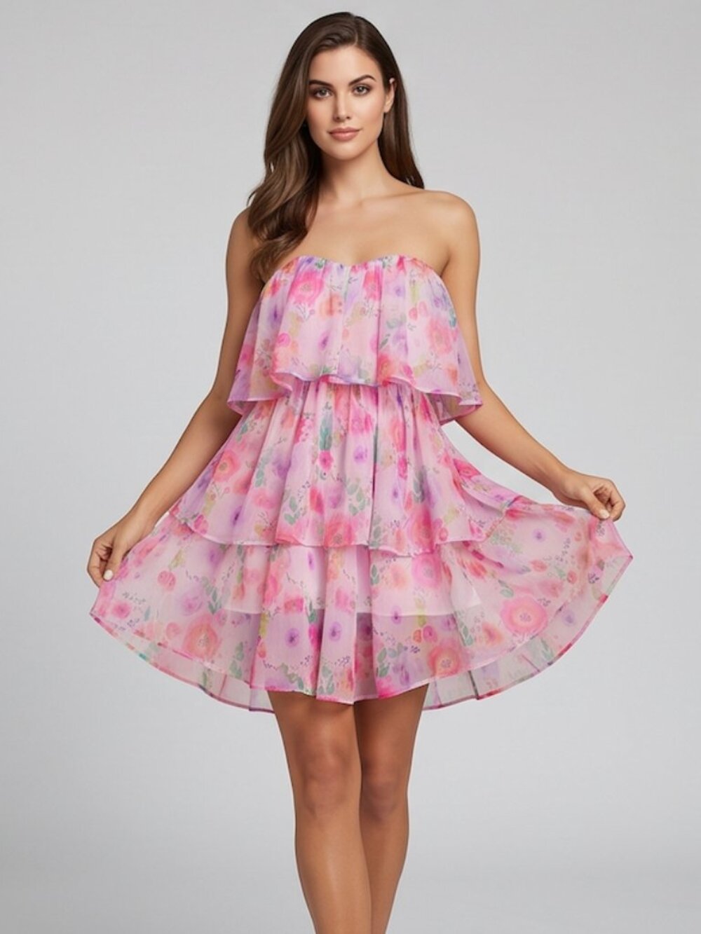 LAST ONE 🔥 Boho Floral Print Layer Hem Cami Dress Pink - Picture 3 of 11